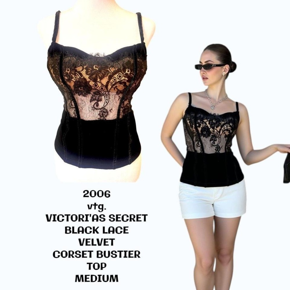 y2k 2006 victoria's secret black lace velvet Bustier Corset top Medium‎